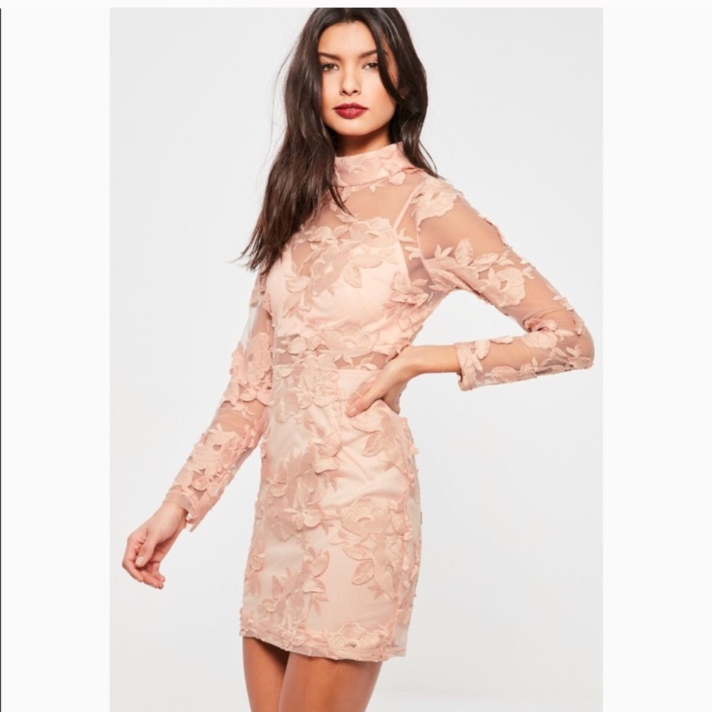 Misguided pink lace long sleeve body con dress